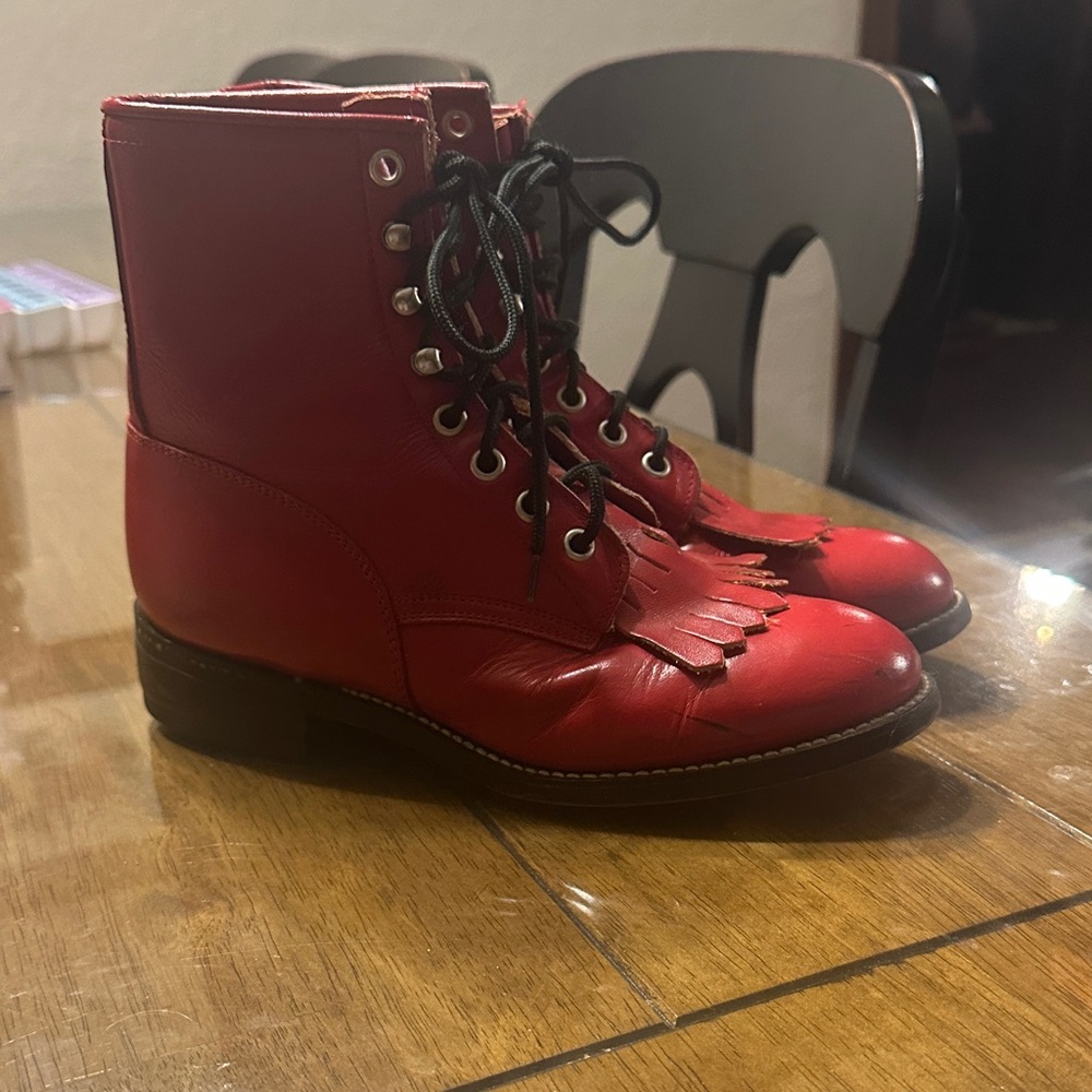 Justin Red Leather Fringe Ankle Boots